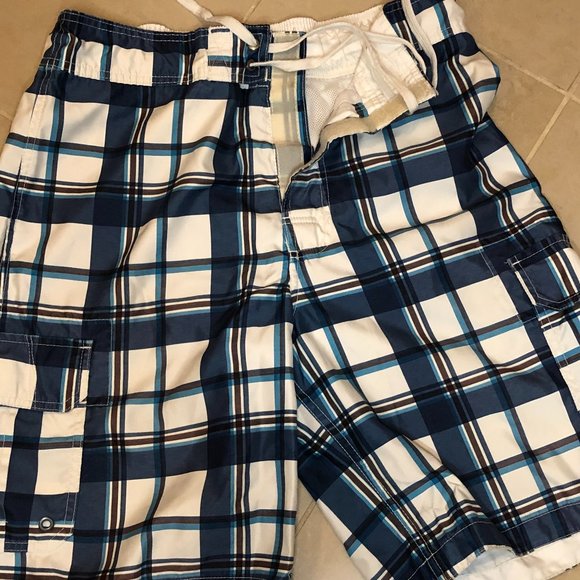 Merona Coastal Blue & White Plaid Swim Trunks Beachy Preppy Vacation - Picture 4 of 11
